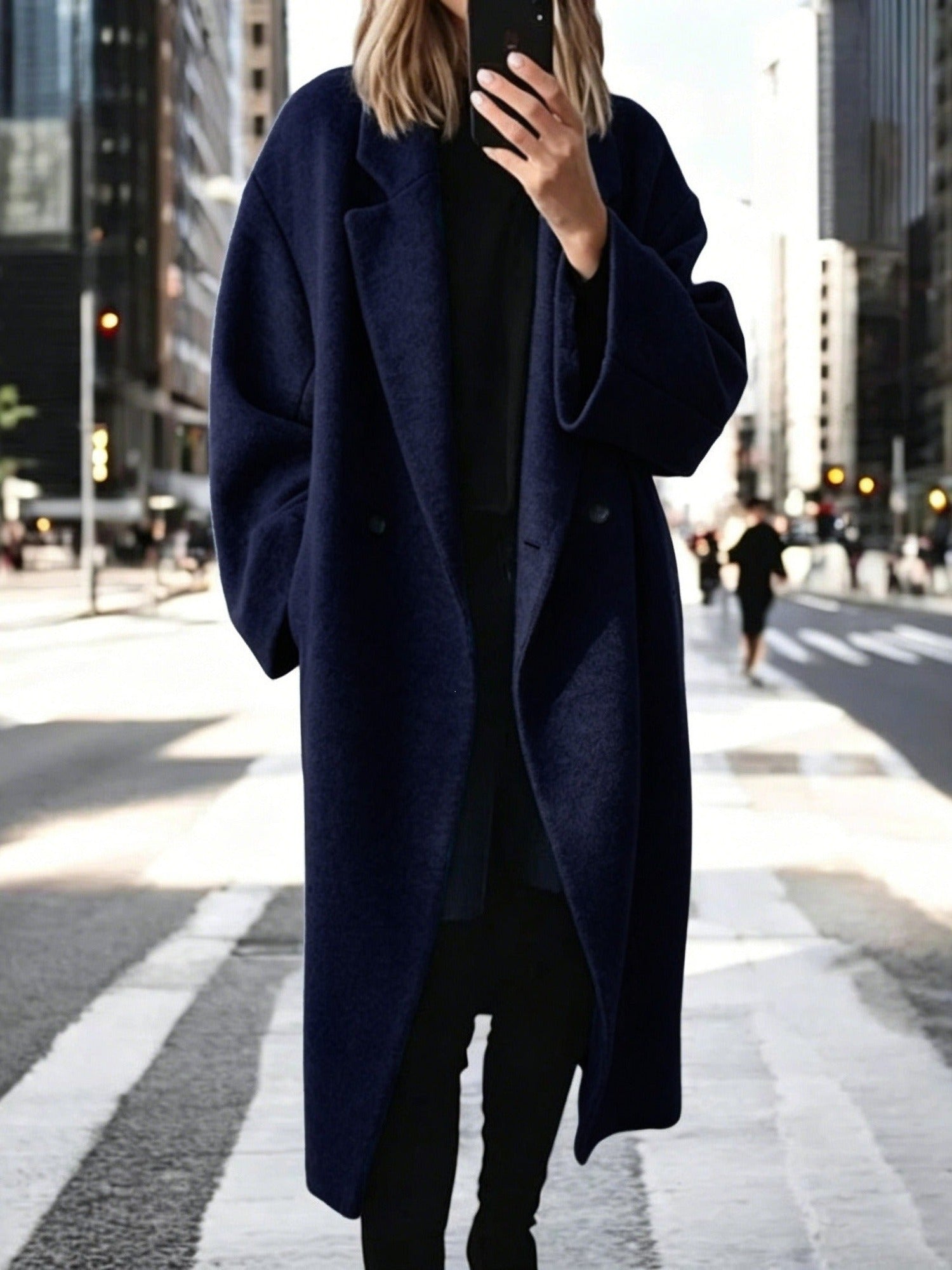 30–35% Alpaca Wool Oversized Long Coat – Women – Navy – worn